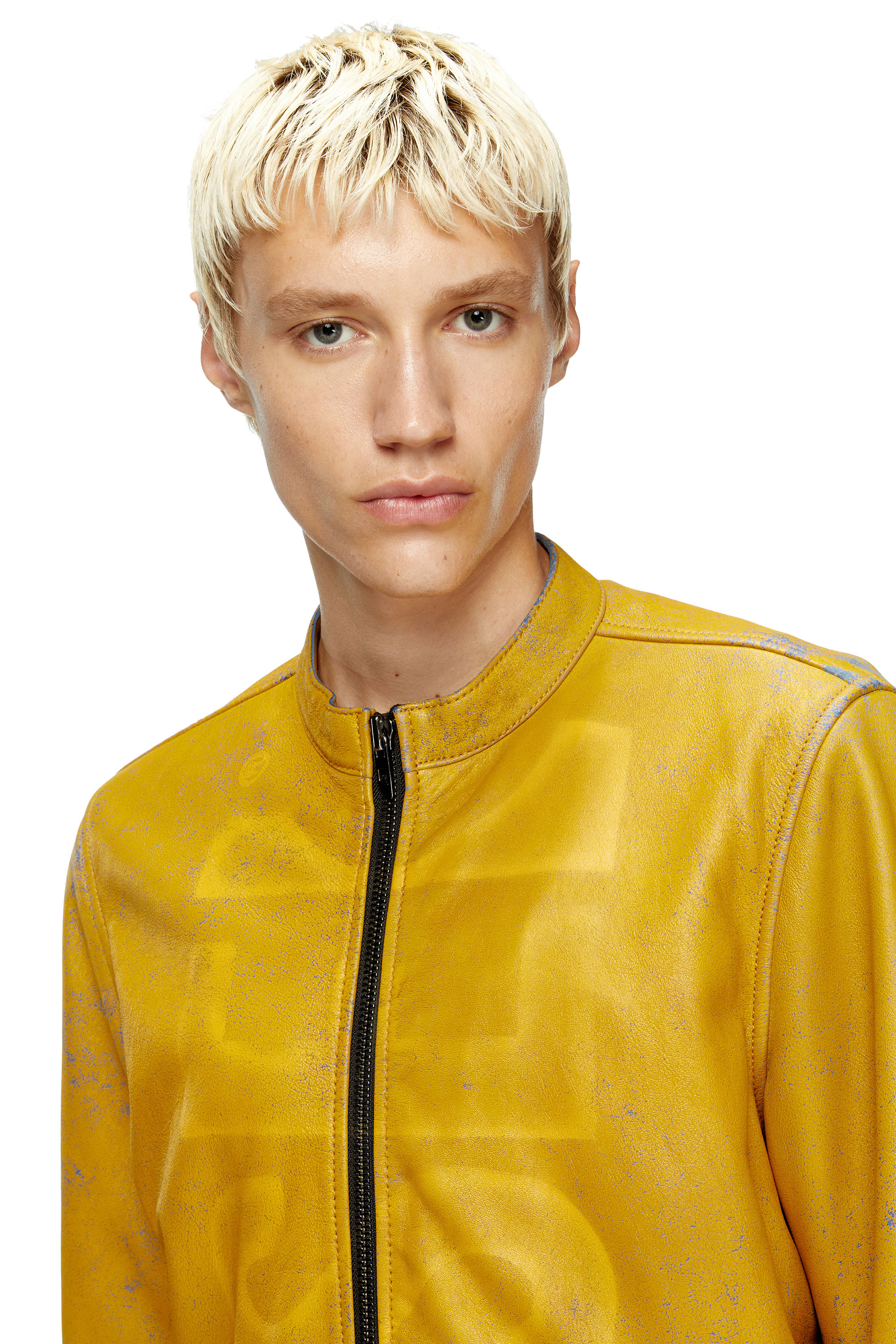 Diesel - L-EVERT-A, Man's Treated leather biker jacket with faded logo in Yellow - 5