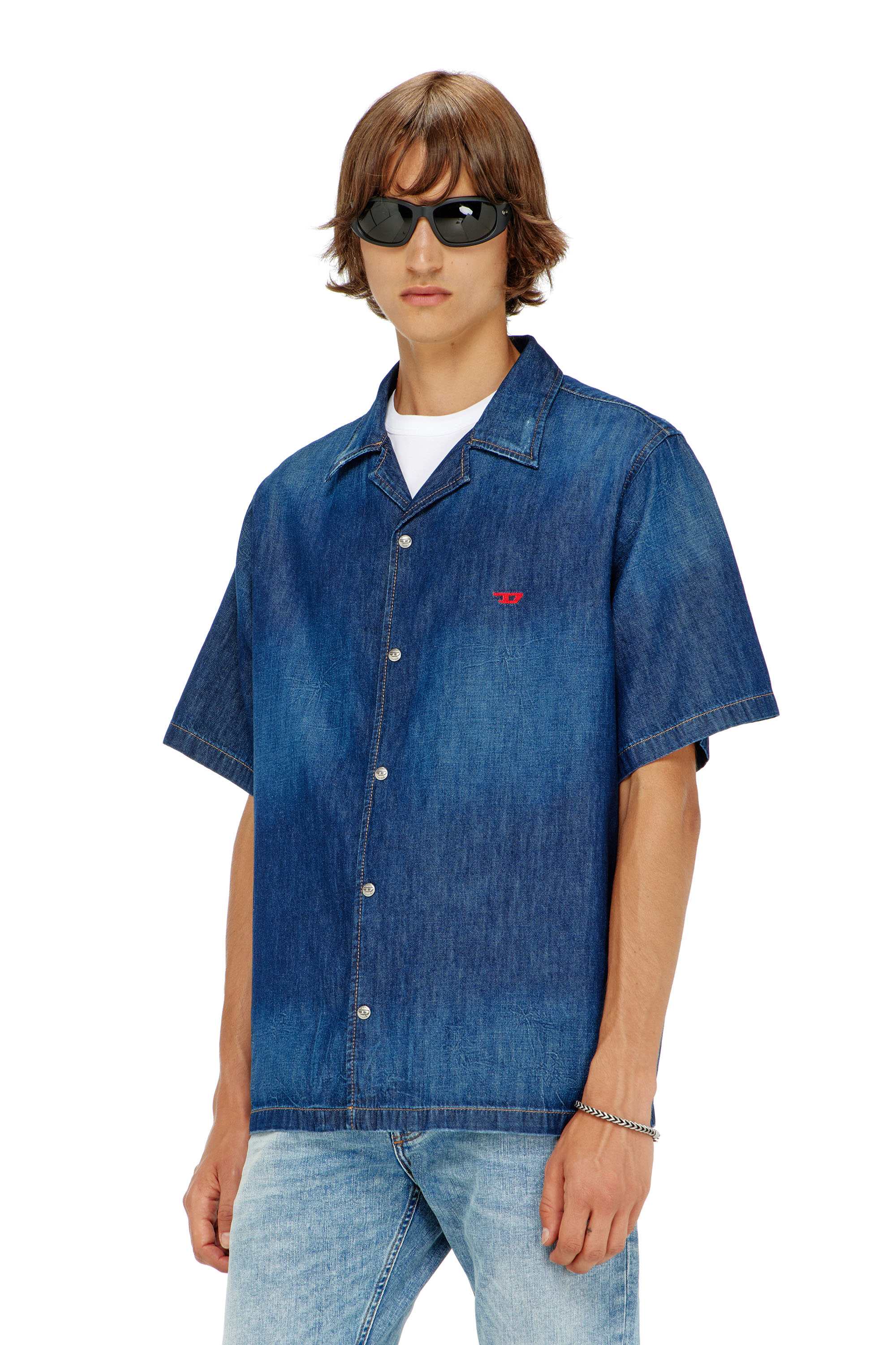 Diesel - D-NABIL-D, Man's Denim short-sleeve shirt in Medium blue - 1