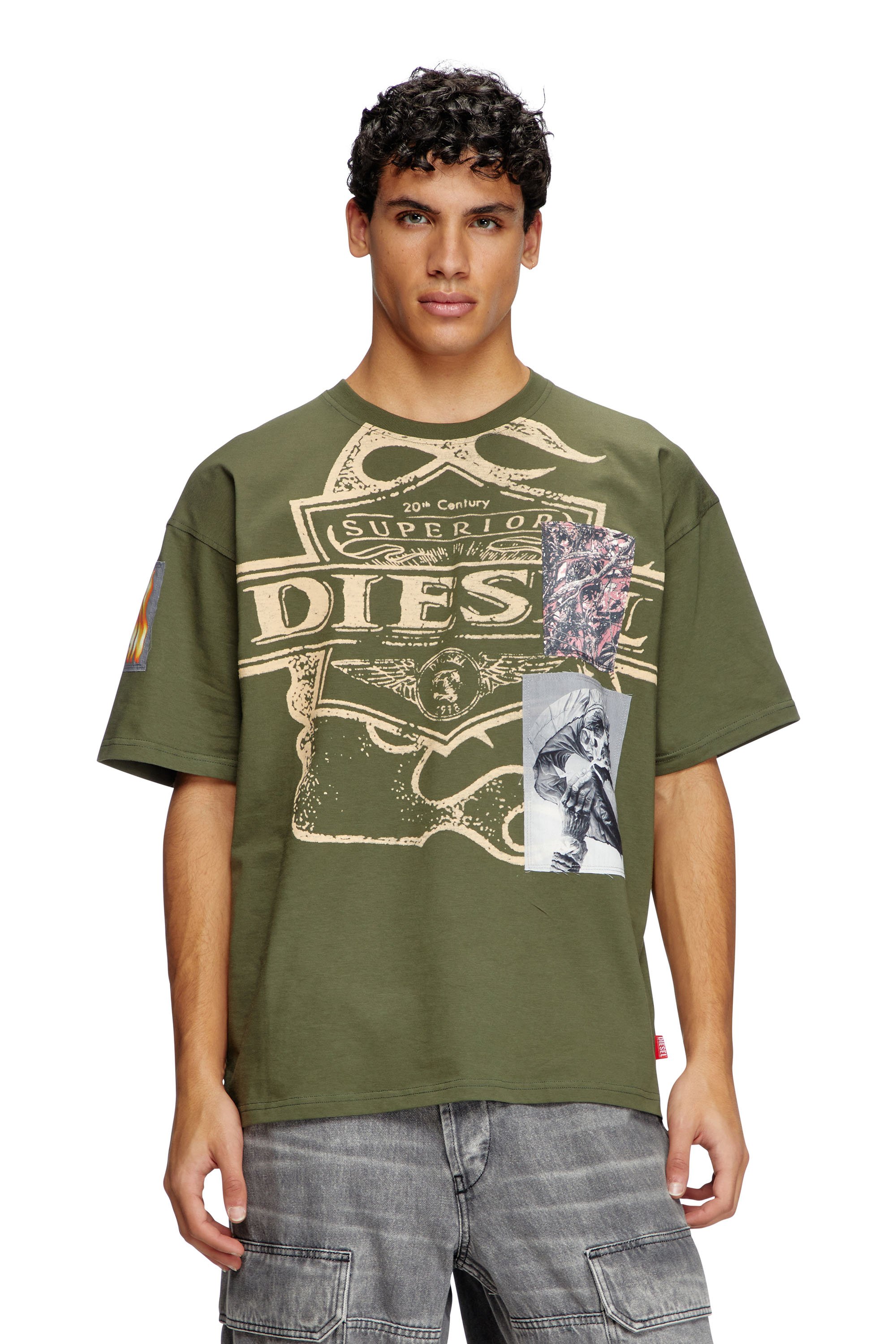 Diesel - T-BOXT-SLITS-R8, Man's T-shirt with patch detail in Olive Green - 1