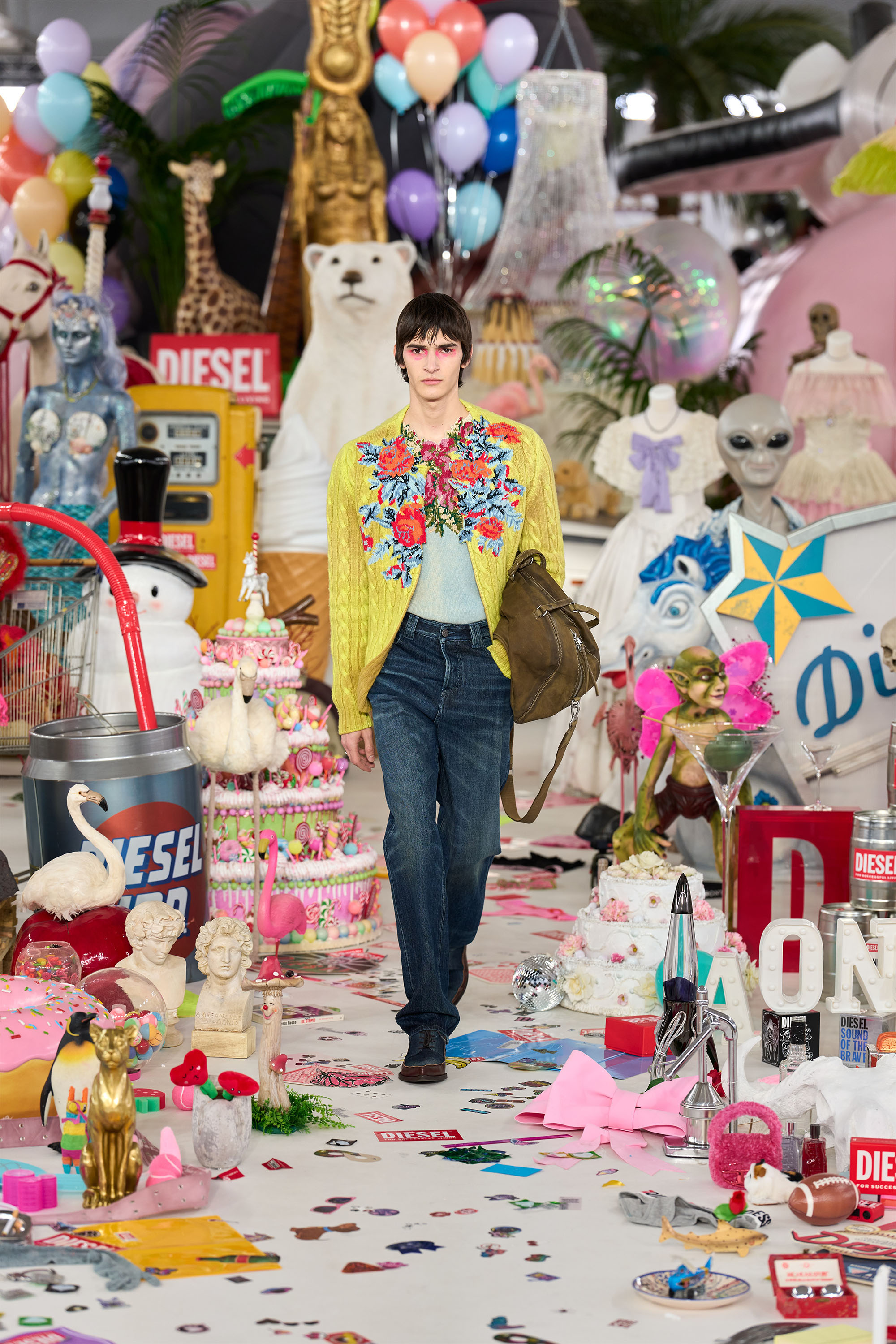 Diesel - K-RINO, Man's Open-front cardigan in floral cable knit in Green Fluo - 3