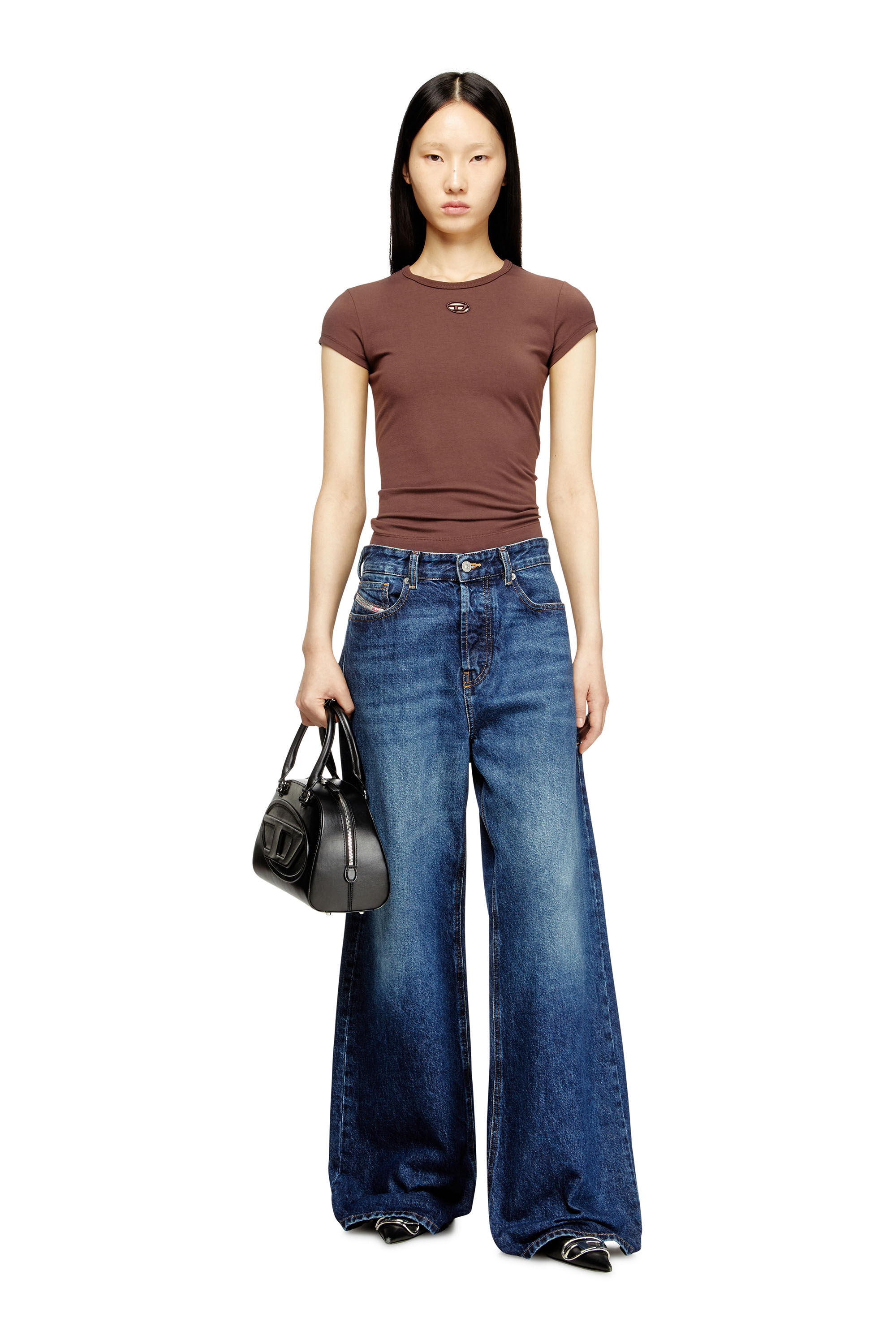 Diesel - T-ANGIE-OD, Woman's T-shirt with cut-out embroidered logo in Brown - 1