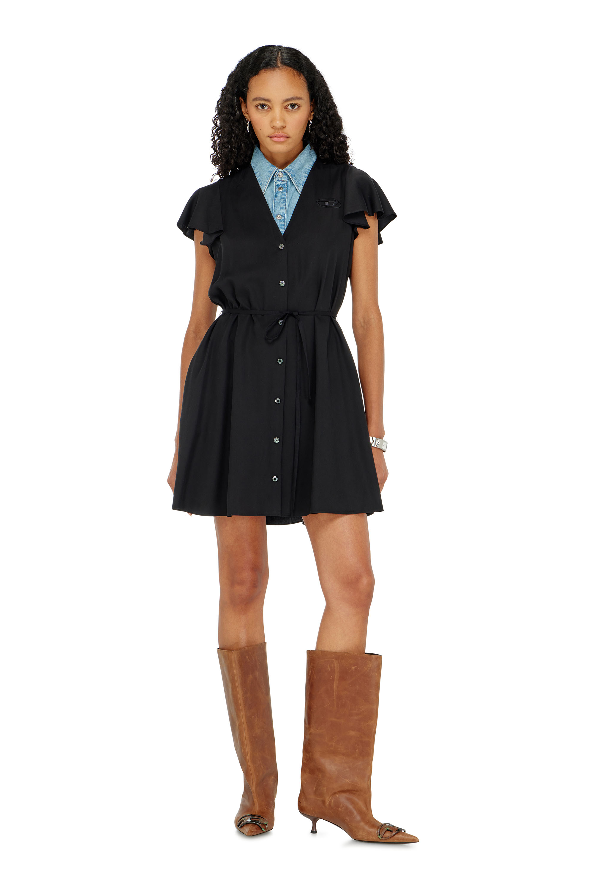 Diesel - D-AIKIRI, Woman's Cupro dress with V-neck and front buttons in Black - 2