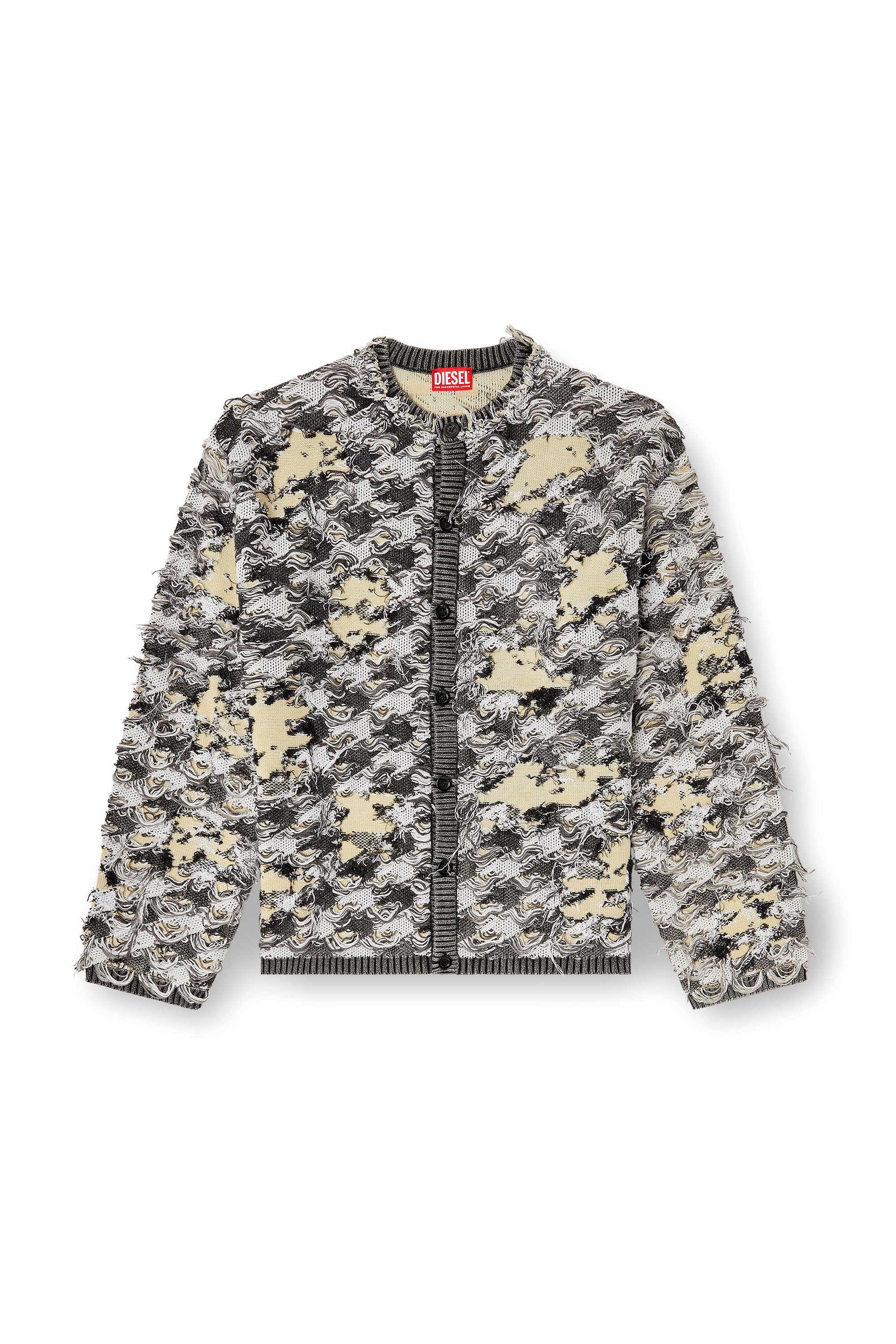 Diesel - K-VALBOR, Man's Cardigan in devoré houndstooth jacquard in Grey/White - 3