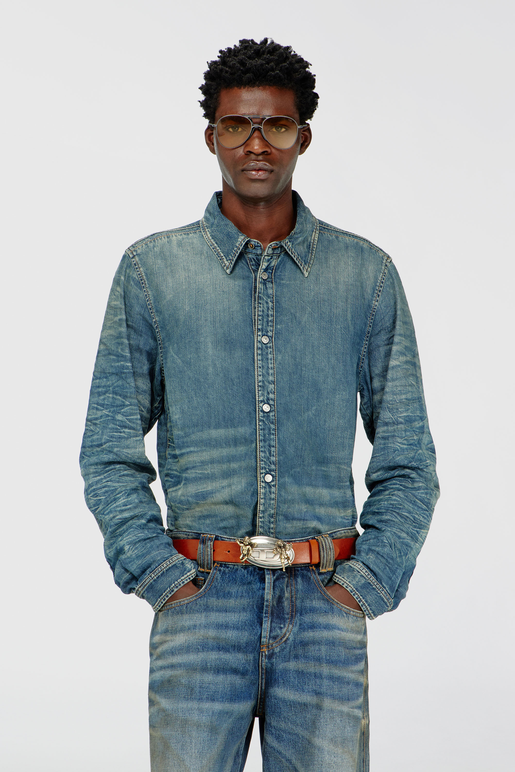 Diesel - D-SYNAR-FSJ4, Man's Shirt in dirty-effect creased denim in null - 1