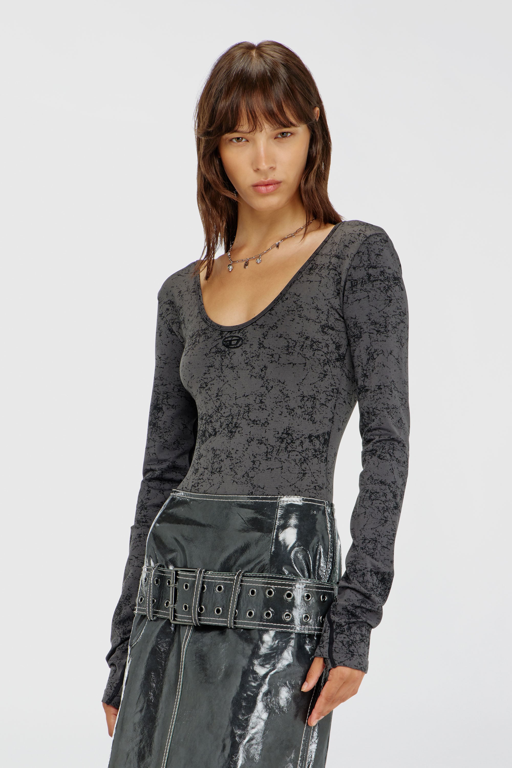 Diesel - IONNA-UTLT, Woman's Open-back bodysuit with utilitarian print in Black - 1
