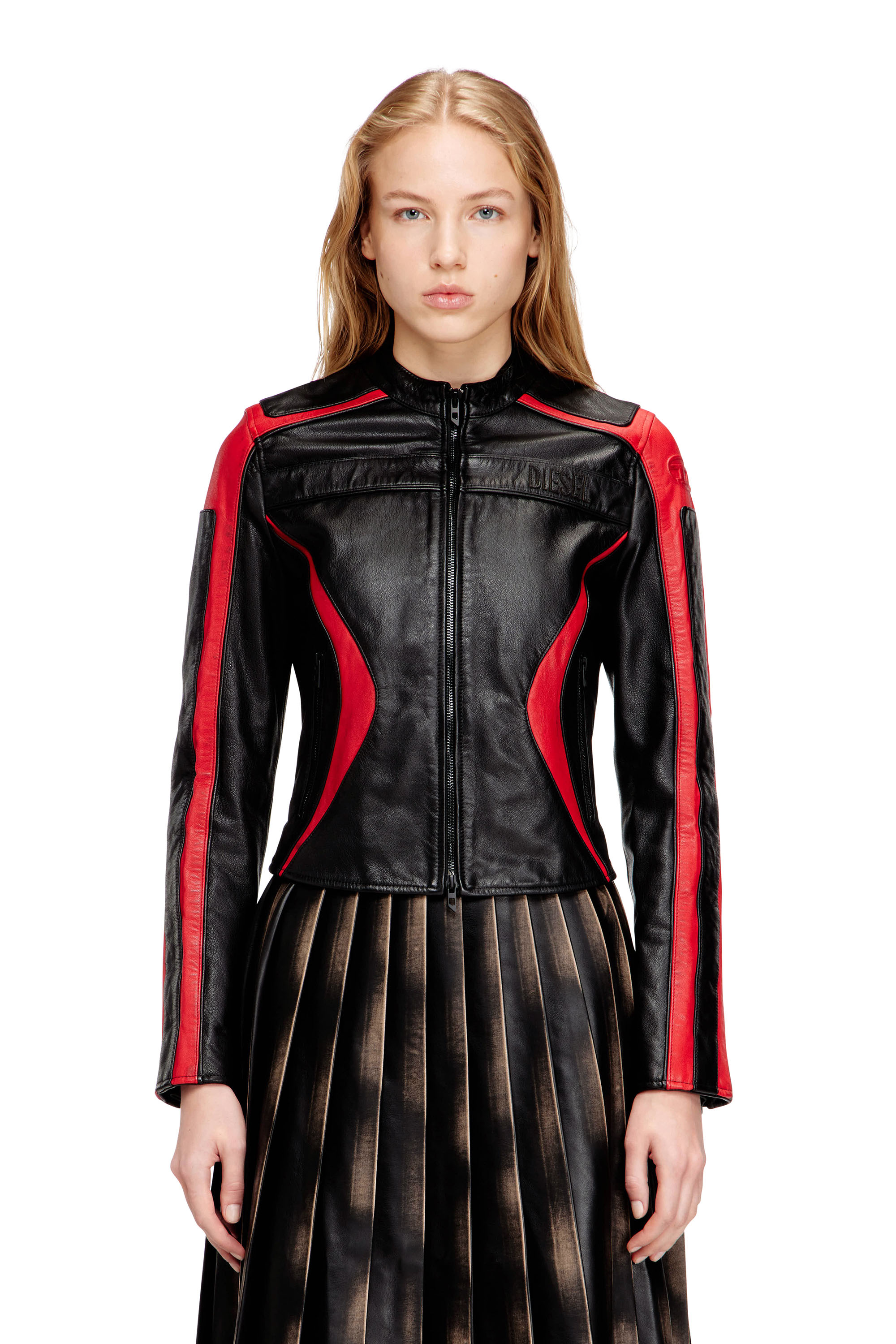Diesel - L-OVABLE, Woman's Biker jacket in colour-block leather in Black/Red - 1