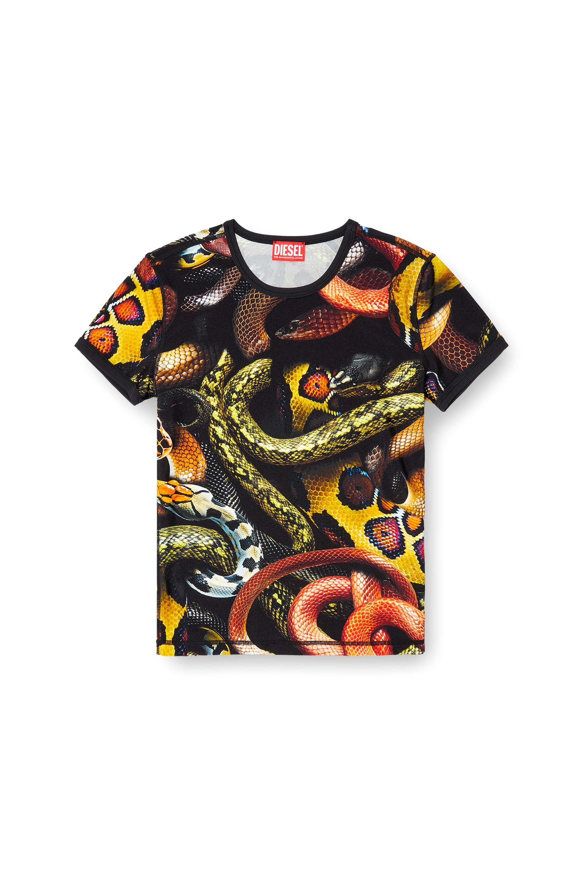 Diesel - CL-T-UNCLE-SNAKE, Unisex's Lycra T-shirt with all-over snake print in Black/Yellow - 4