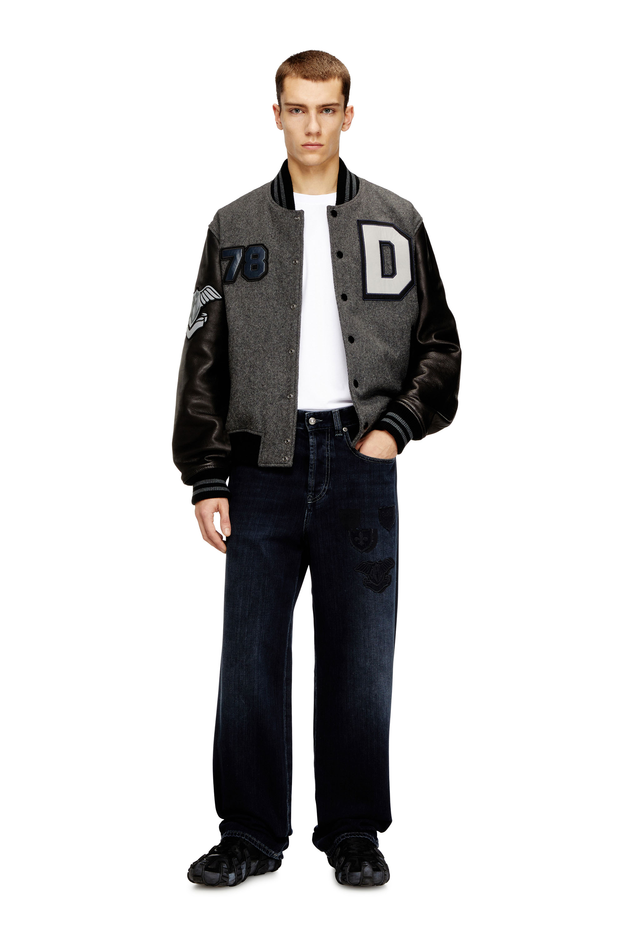Diesel - L-ARRY-CP, Man's Cropped varsity jacket in wool and leather in Black/Grey - 2
