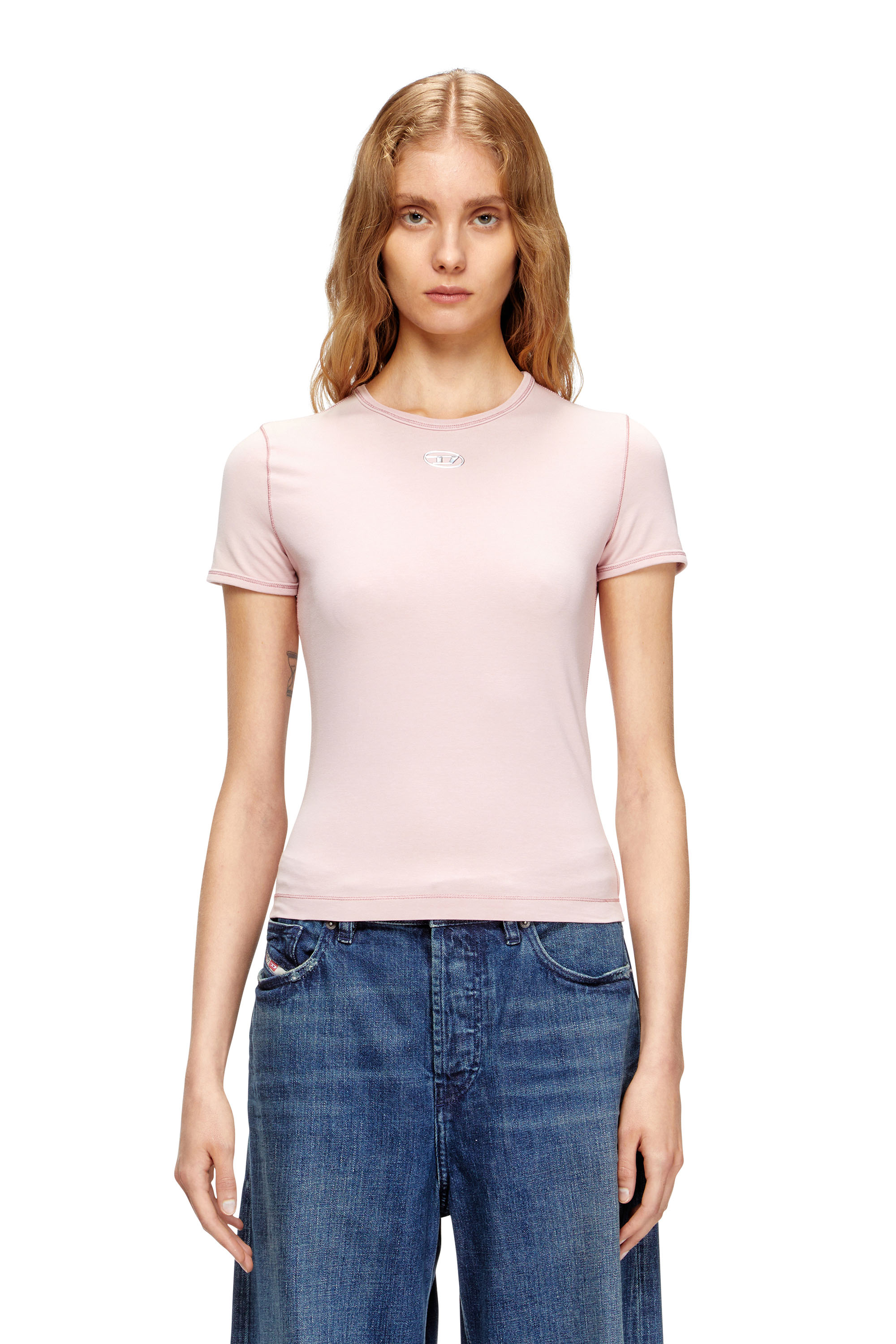 Diesel - T-UNCUTIESLONG-OD, Woman's Slim-fit T-shirt with metallic Oval D in Pink - 3