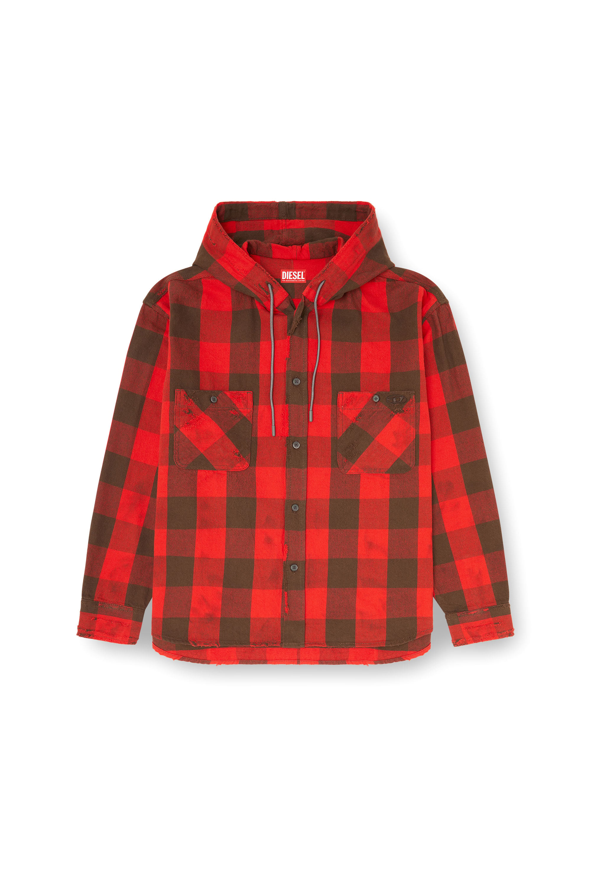Diesel - S-DRUM-HOODY, Man's Distressed hooded shirt in check flannel in null - 3
