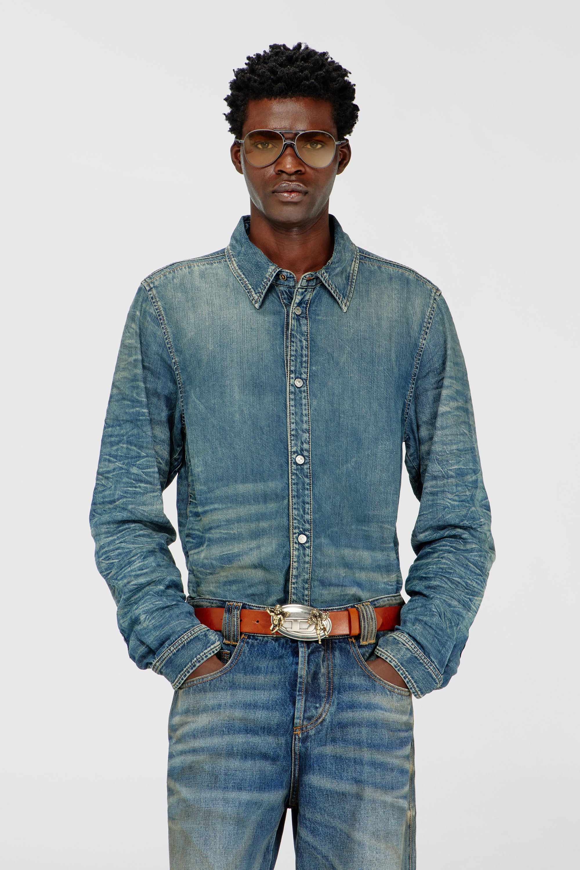 Diesel - D-SYNAR-FSJ4, Man's Shirt in dirty-effect creased denim in Medium blue - 2