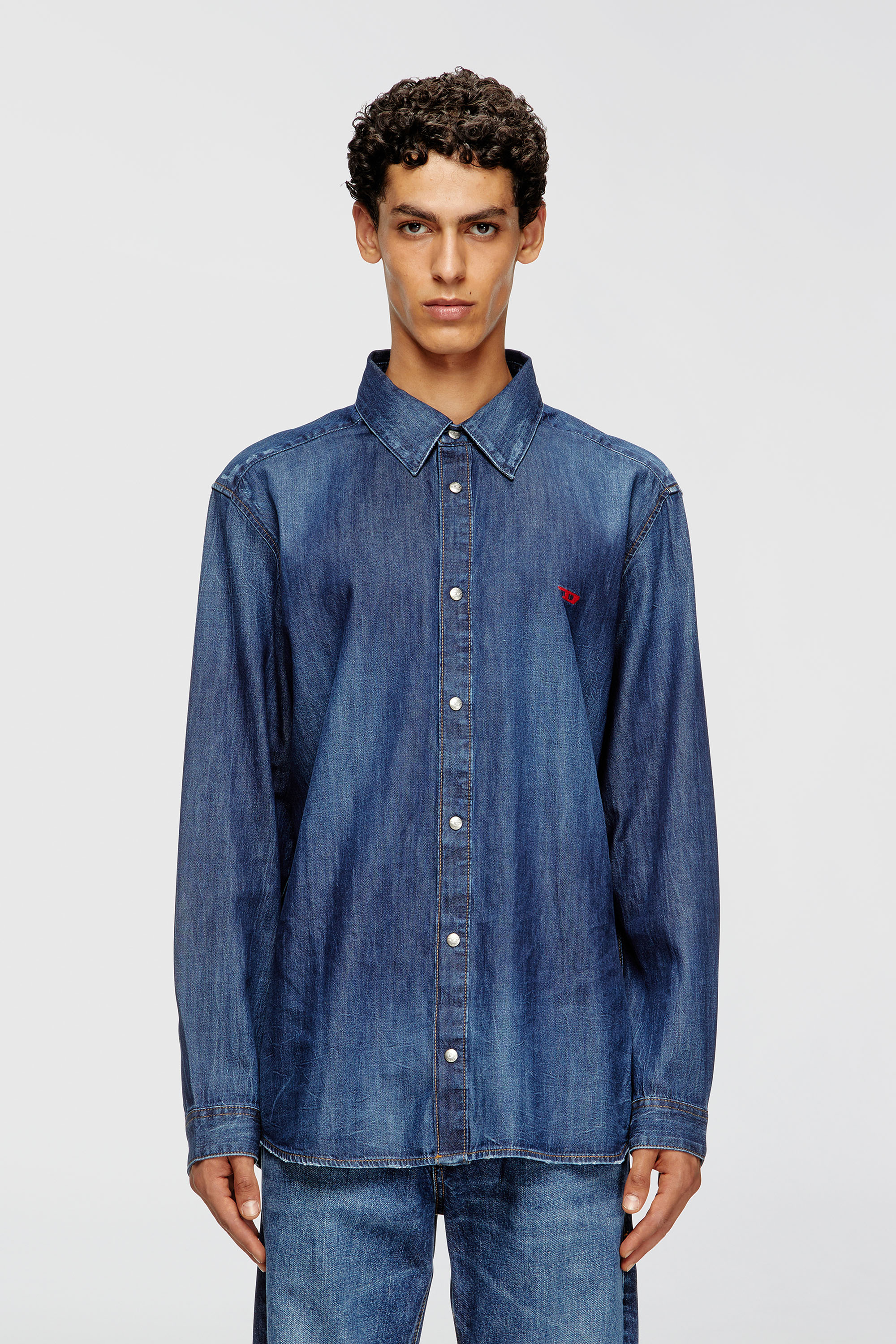 Diesel - D-SIMPLY, Man's Denim shirt with embroidered logo in Medium blue - 1